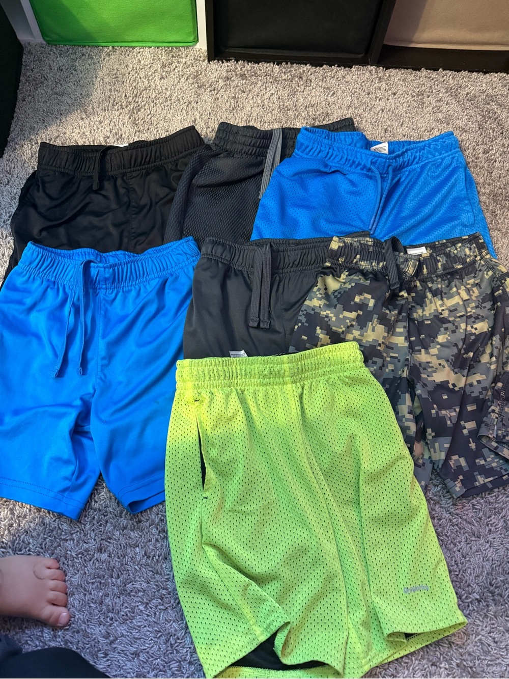 Kids Athletic Mesh Shorts - Blue, Black, Lime Green, Camo